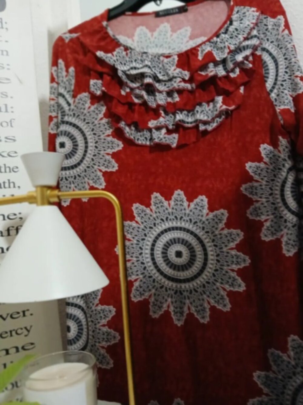 Red Patterned Blouse W/ Ruffles - Picture 3 of 4